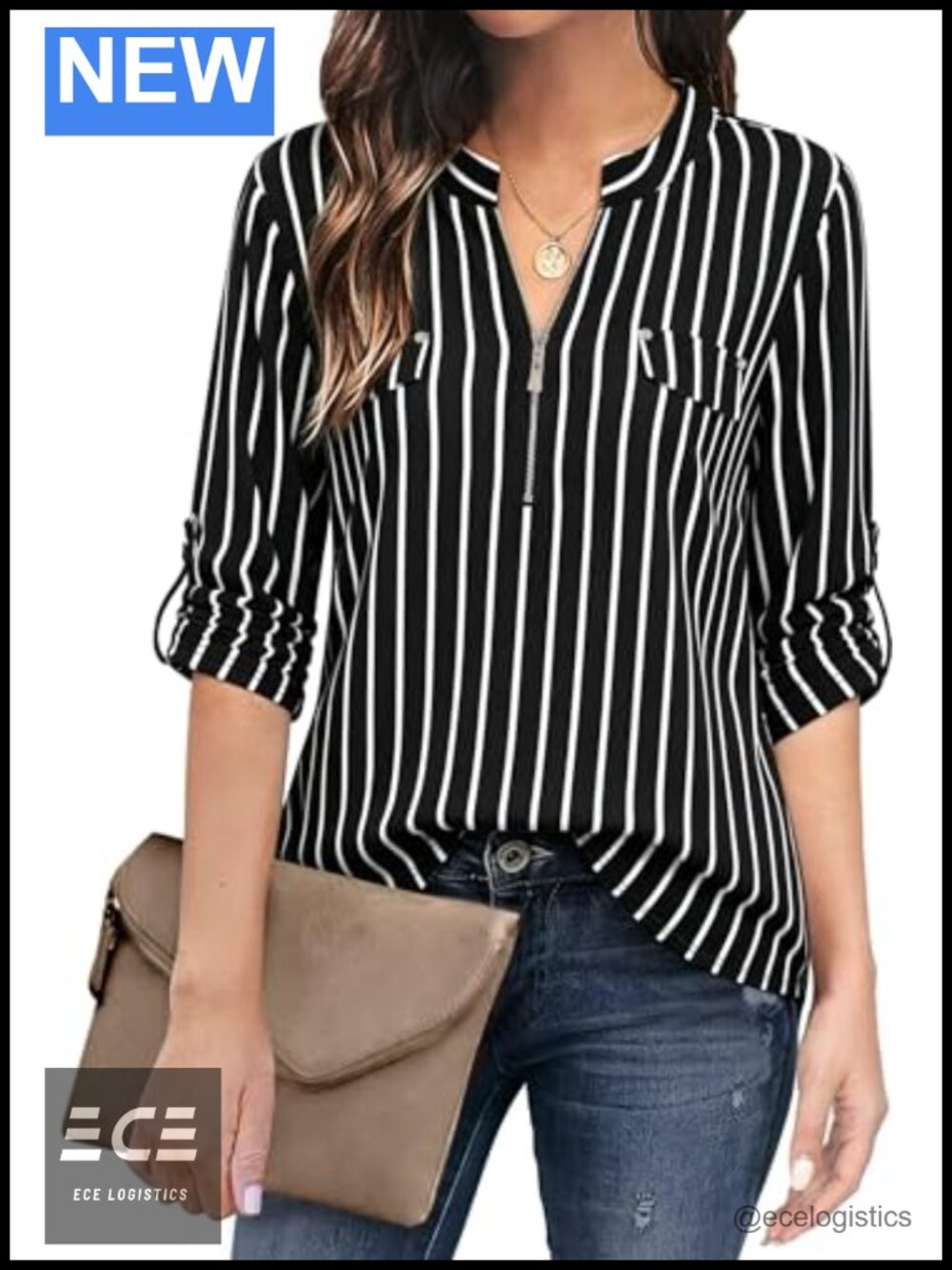 Women's 3/4 Sleeve Zip Up V Neck Floral Blouse Business Casual Work Top
